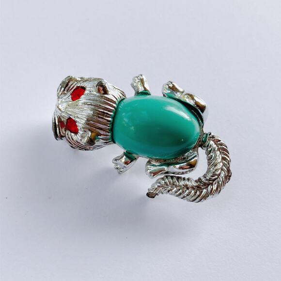 VTG 60s Quirky Cat Brooch Red Eyes Teal Belly Mid Century Figural Shoulder Pin - Picture 9 of 12